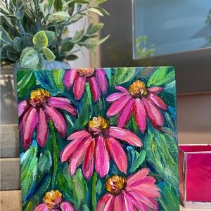 Original Floral Canvas Acrylic Art with Pink Cone Flowers. 6x6”